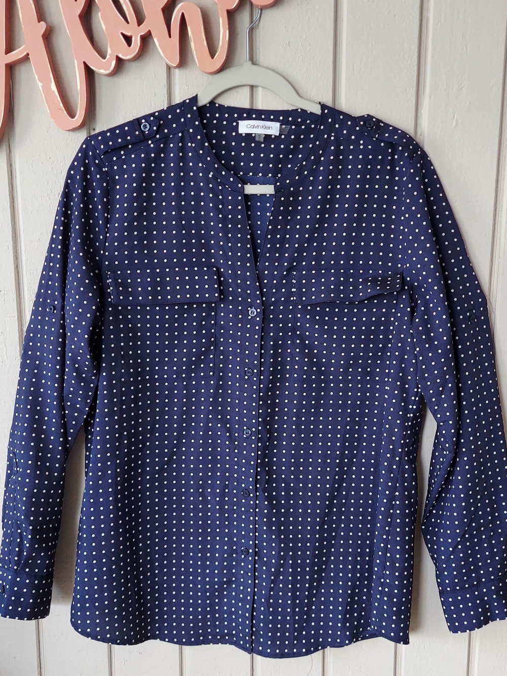 Calvin Klein Navy Polka Dot Button Down Adjustable Sleeves Women's Blouse M